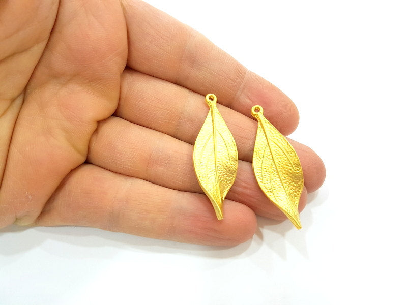 2 Gold Pendant Gold Plated Leaf Pendant (46x15mm)  G7021