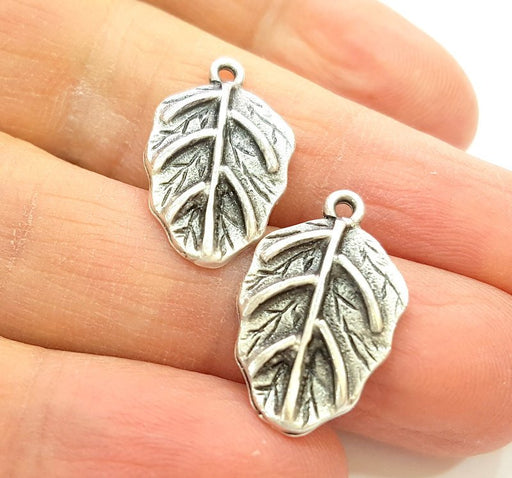 6 Silver Charms Antique Silver Plated Leaf Charms 6 Pcs  (23x13mm) G7055