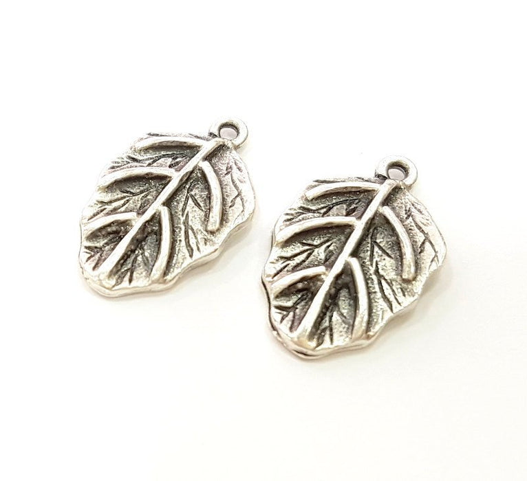 6 Silver Charms Antique Silver Plated Leaf Charms 6 Pcs  (23x13mm) G7055