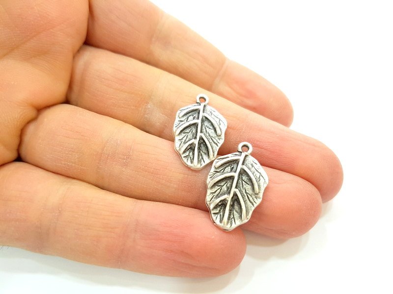 6 Silver Charms Antique Silver Plated Leaf Charms 6 Pcs  (23x13mm) G7055