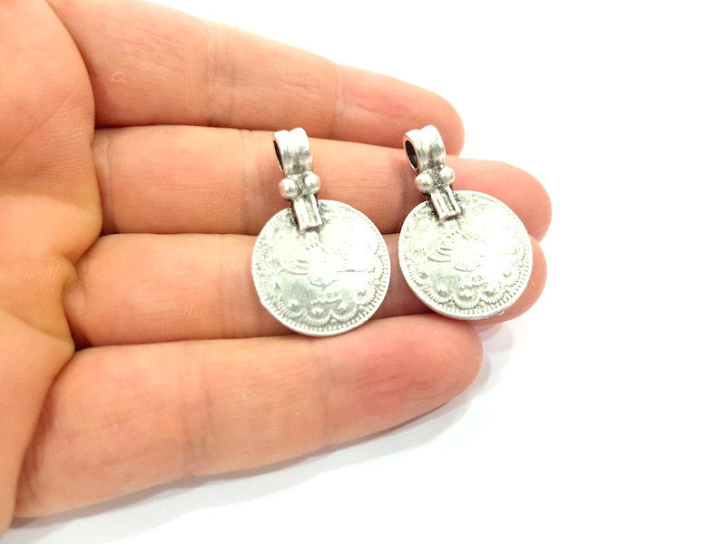 2 Antique Silver Coin Ottoman Signature Charms  2 Pcs (34x22mm) Antique Silver Plated Metal  G6420