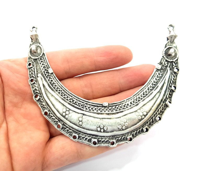 Silver Pendant Collar Pendant Tribal Pendant Large Connector Ethnic Pendant (110x28mm) Antique Silver Plated G6425