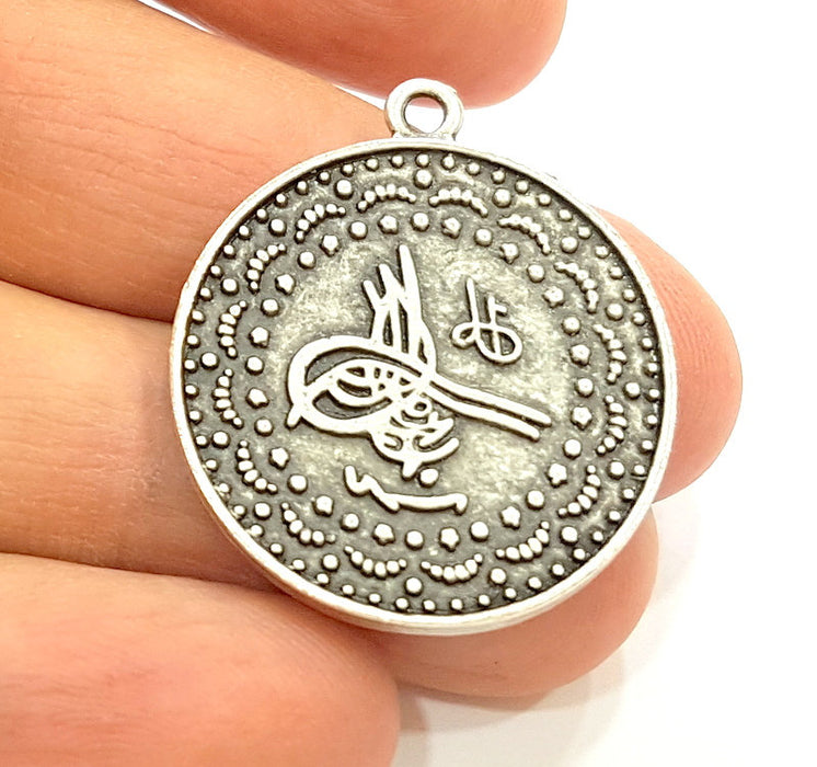 2 Silver Pendant Antique Silver Plated Ottoman Signature Pendant (28mm)  G7078