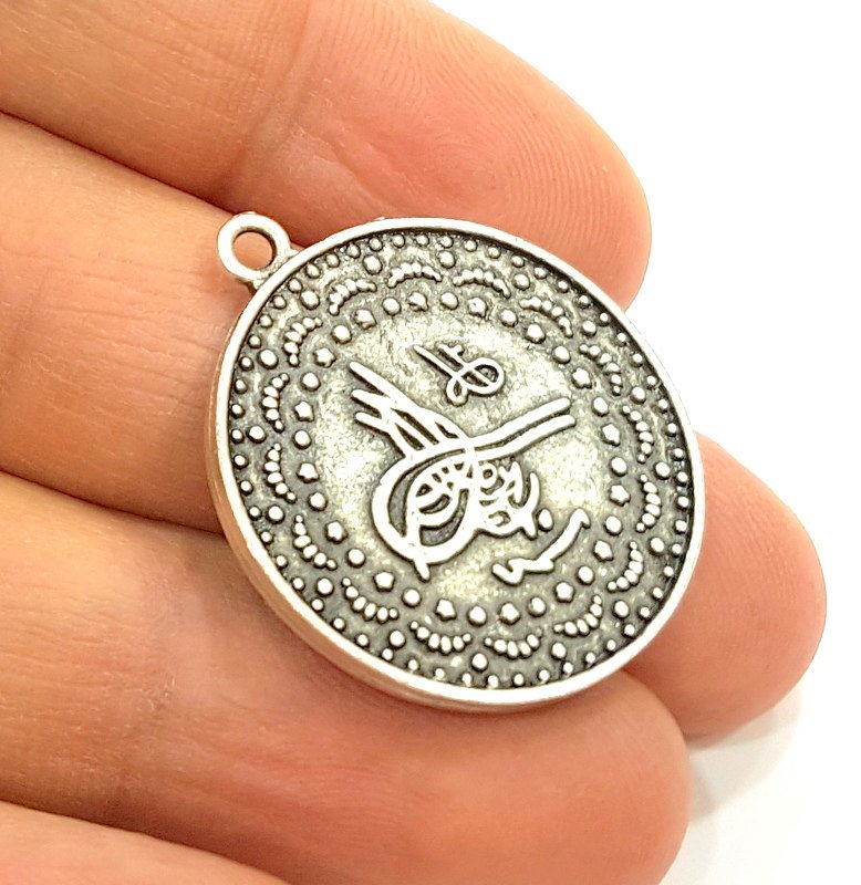 2 Silver Pendant Antique Silver Plated Ottoman Signature Pendant (28mm)  G7078