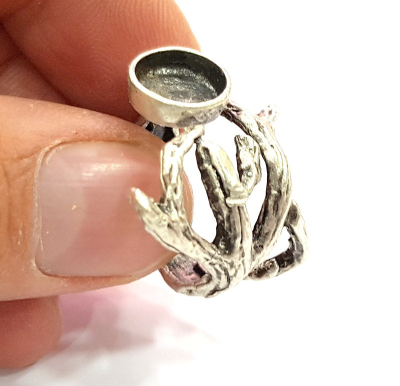 Silver Ring Blank Base Bezel Settings Cabochon Base Mountings Adjustable (10mm Blank) , Antique Silver Plated Brass G9190
