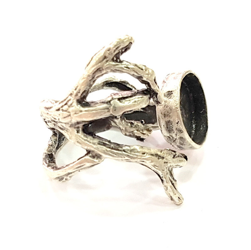Silver Ring Blank Base Bezel Settings Cabochon Base Mountings Adjustable (12mm Blank) , Antique Silver Plated Brass G6526