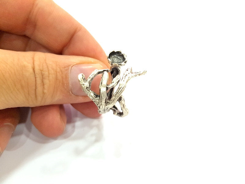 Branched Ring Blank Base Bezel Settings Cabochon Base Mountings Adjustable (6mm Blank) , Antique Silver Plated Brass G6527