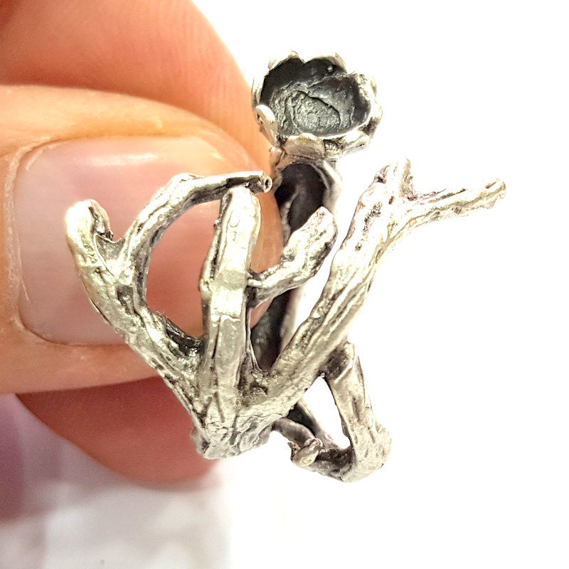 Silver Ring Blank Base Bezel Settings Cabochon Base Mountings Adjustable (8mm Blank) , Antique Silver Plated Brass G6527