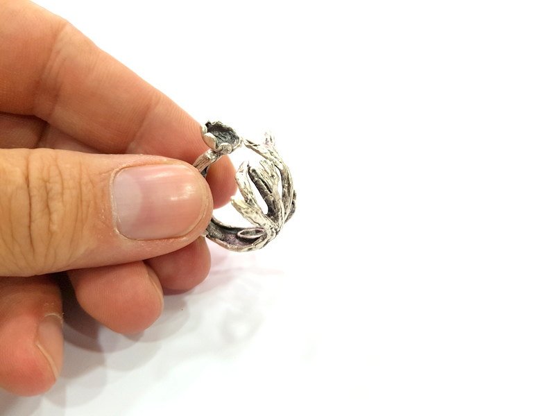 Branched Ring Blank Base Bezel Settings Cabochon Base Mountings Adjustable (6mm Blank) , Antique Silver Plated Brass G6527