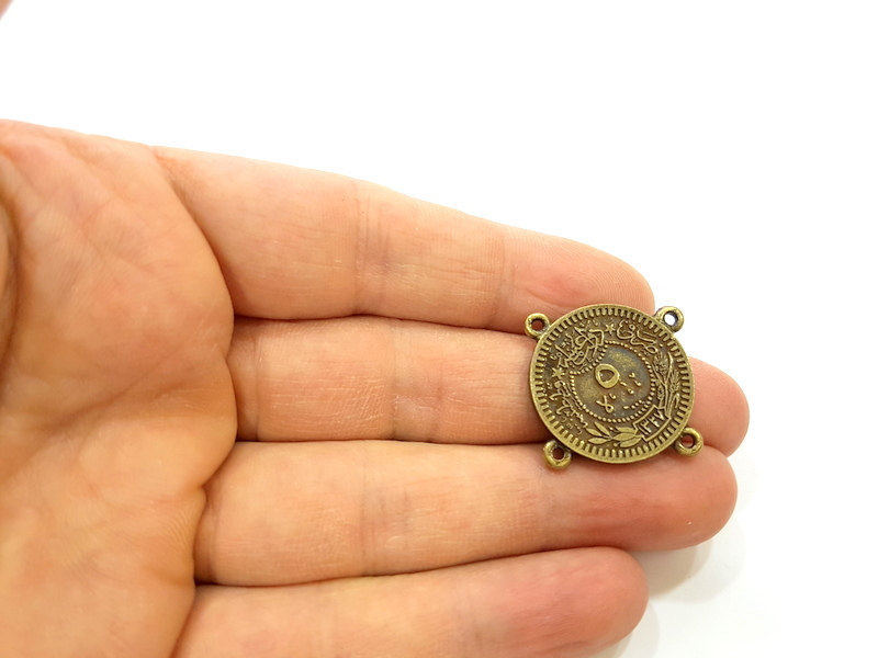 4 Antique Bronze Charms Connector Ottoman Coin Signature Charms (24mm) G7168