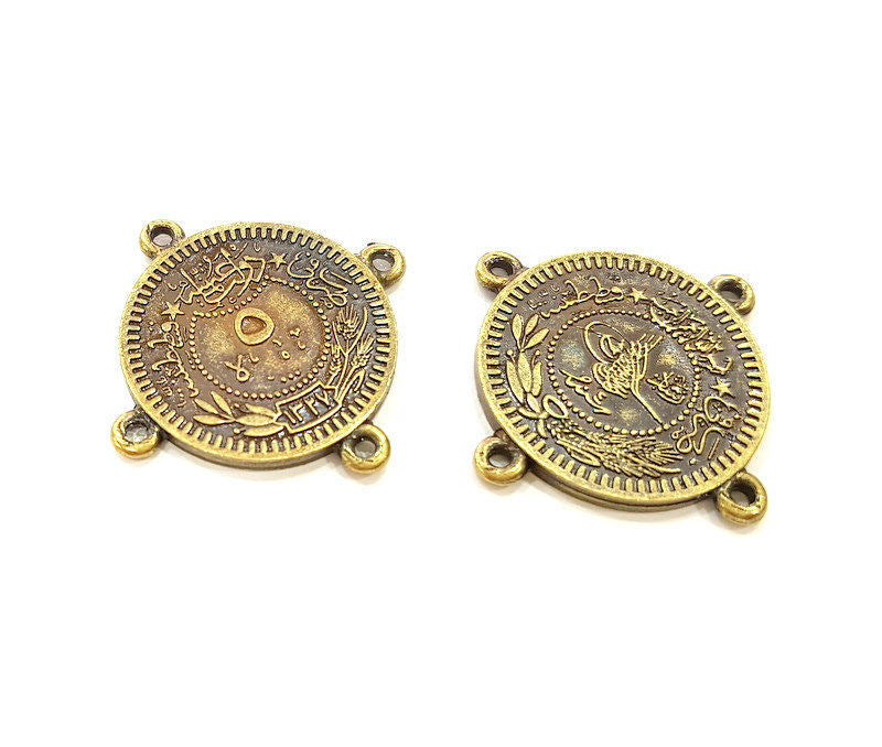 4 Antique Bronze Charms Connector Ottoman Coin Signature Charms (24mm) G7168