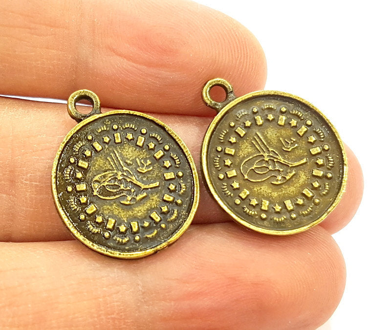 4 Antique Bronze Charms Ottoman Coin Signature Charms (20mm) G7180