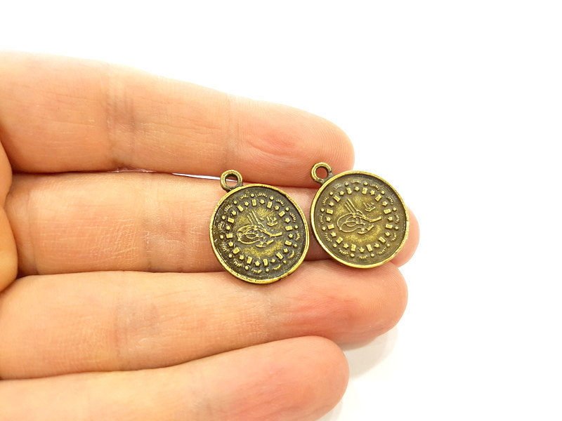 4 Antique Bronze Charms Ottoman Coin Signature Charms (20mm) G7180
