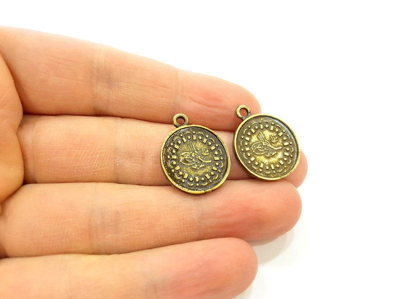 4 Antique Bronze Charms Ottoman Coin Signature Charms (20mm) G7180