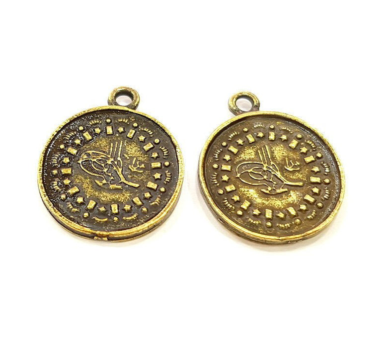 4 Antique Bronze Charms Ottoman Coin Signature Charms (20mm) G7180