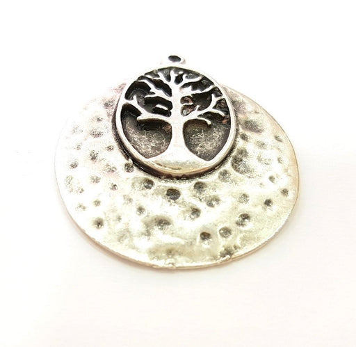 2 Silver Pendant Tree Pendant Antique Silver Plated Hammered Pendant (33mm) G7273