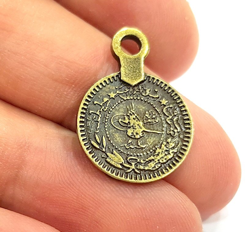 10 Antique Bronze Charms Ottoman Coin Signature Charms (17mm) G6648