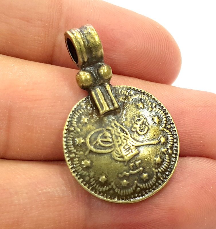 4 Antique Bronze Charms Ottoman Coin Signature Charms (34x22mm) G6649