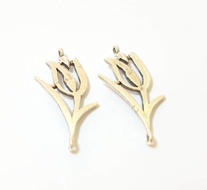 Silver Charms Silver Plated Tulip Charms Antique Silver Plated Brass (27x15mm)  G7412