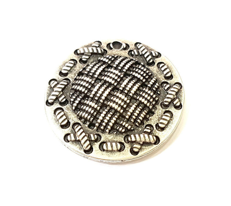 2 Silver Striped Charms Antique Silver Plated Pendant (34mm) G7550