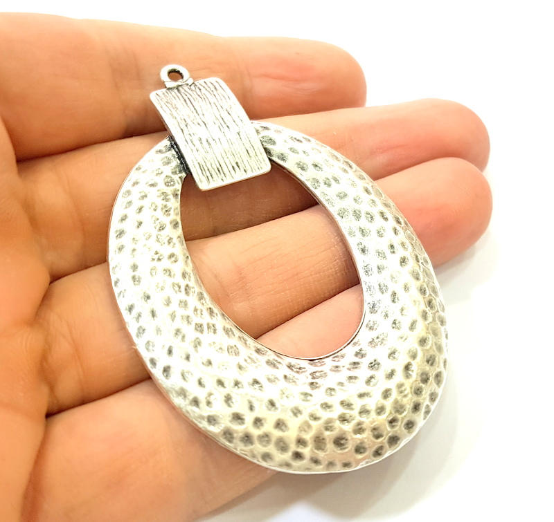Hammered Silver Pendant Antique Silver Plated Pendant (69x47mm) G7549