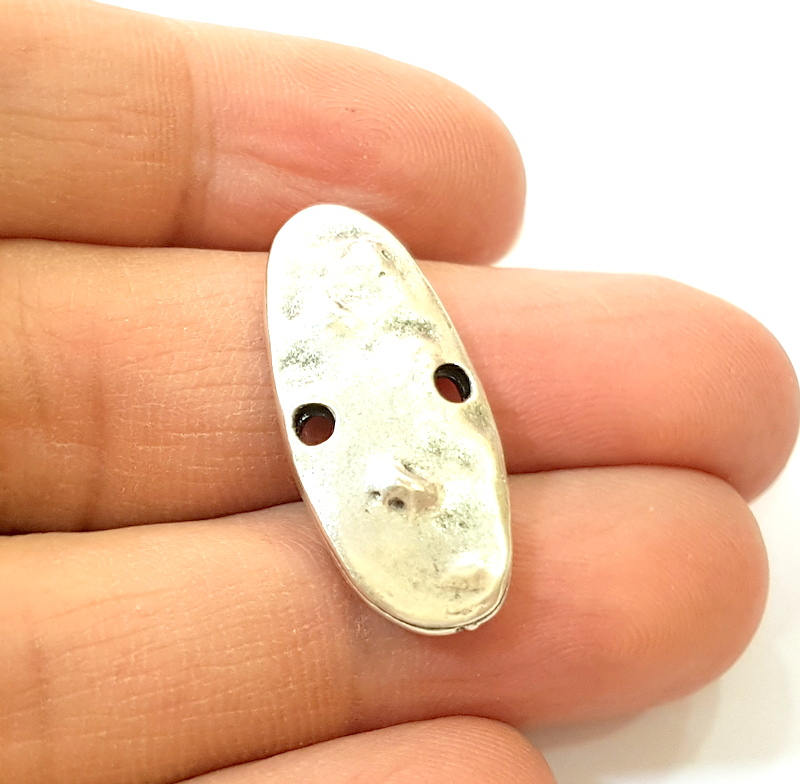 4 Silver Connector Antique Silver Plated Hammered Pendant (30x13mm) G8634