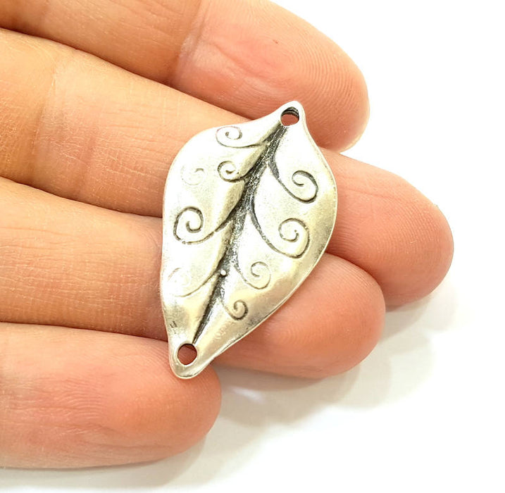 2 Silver Leaf Charms Antique Silver Plated Leaf Connector (38x21mm)  G7561