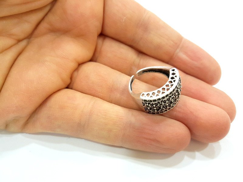 Silver Ring Blank Ring Settings Ring Bezel Base Cabochon Mountings Adjustable (for 2mm stone tiny blanks) Oxidized Silver Plated Brass G6740