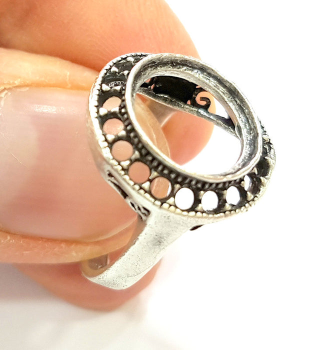 Silver Ring Blank Ring Settings Ring Bezel Base Cabochon Mountings Adjustable (for 12mm,2mm stone blanks) Oxidized Silver Plated Brass G6747