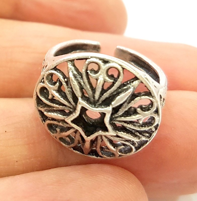 Silver Ring Blank Ring Settings Ring Bezel Base Cabochon Mountings Adjustable (for 4mm stone tiny blanks) Oxidized Silver Plated Brass G6751
