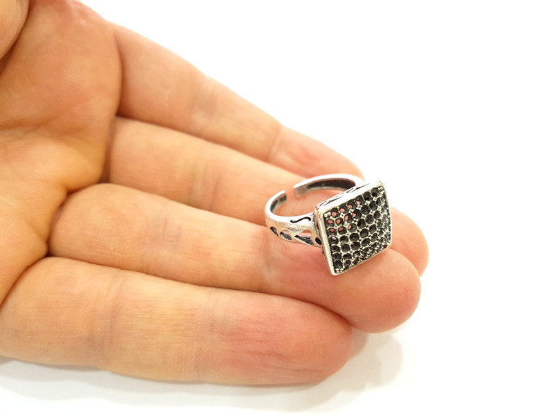 Silver Ring Blank Ring Settings Ring Bezel Base Cabochon Mountings Adjustable (for 2mm stone tiny blanks) Oxidized Silver Plated Brass G6761