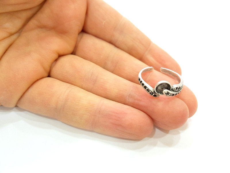 Silver Ring Blank Ring Setting Ring Bezel Base Cabochon Mountings Adjustable(for 7mm,2mm stone blanks)Oxidized Silver Plated Brass G6771