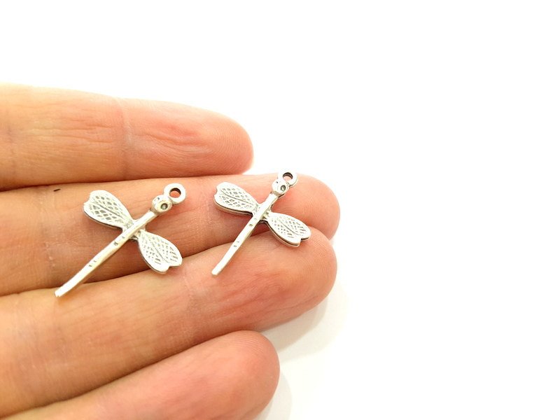 10 Silver Charms Antique Silver Plated Dragonfly Charms 10 Pcs  (27x19mm) G6788