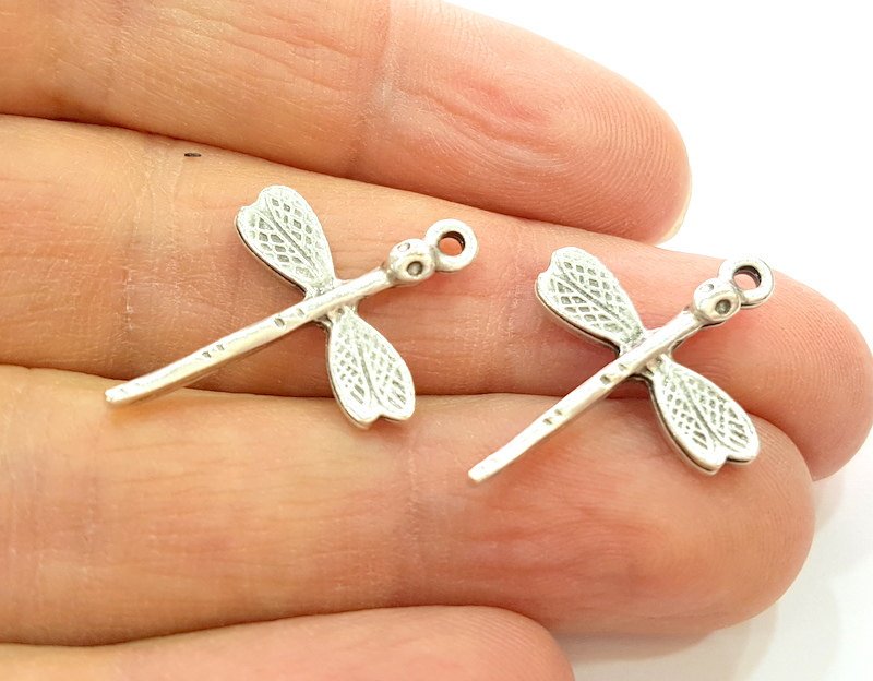 10 Silver Charms Antique Silver Plated Dragonfly Charms 10 Pcs  (27x19mm) G6788