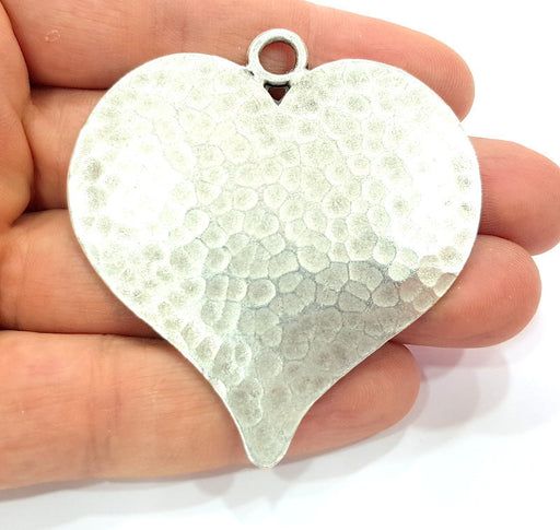 10 Pcs Antique Silver Large Heart Hammered Pendant Medallion  (65x58mm) Antique Silver Plated G12291