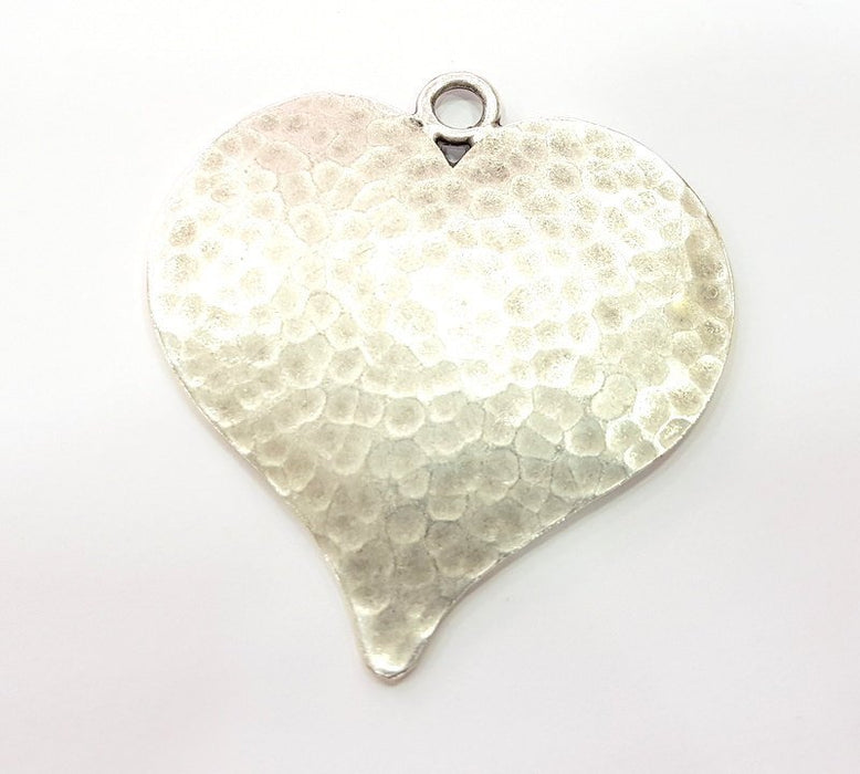 Antique Silver Pendant Large Heart Hammered Pendant Medallion  (65x58mm) Antique Silver Plated G12291