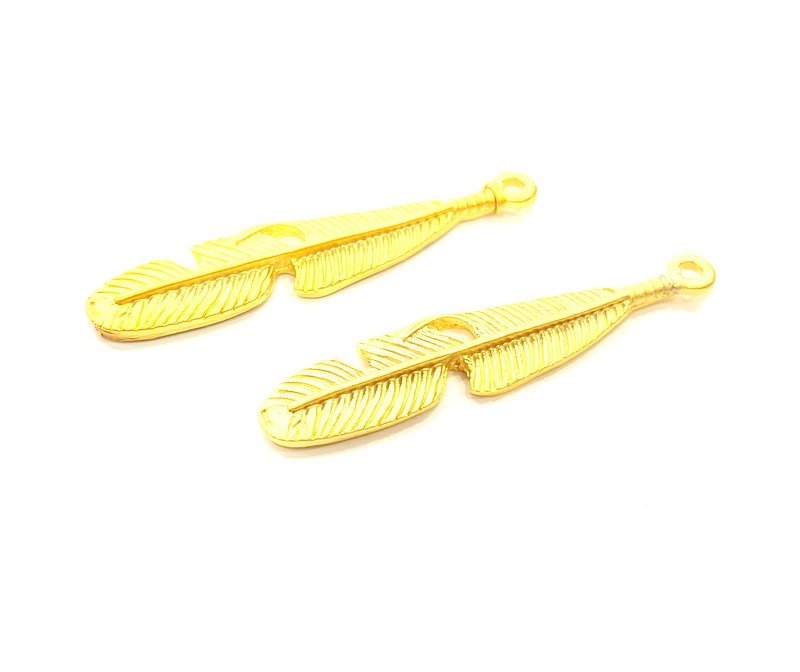 4 Gold Feather Charms Gold Plated Charms (42x8mm)  G6811