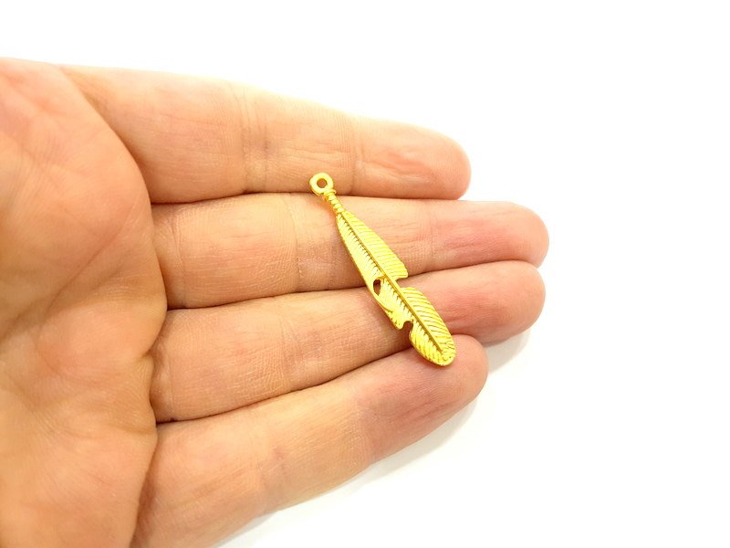 4 Gold Feather Charms Gold Plated Charms (42x8mm)  G6811