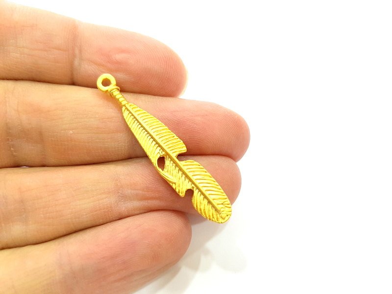 4 Gold Feather Charms Gold Plated Charms (42x8mm)  G6811