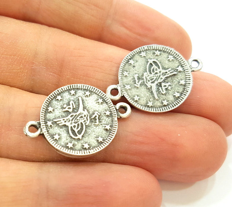 6 Silver Charms Connector Antique Silver Plated Ottoman Signature Charms 6 Pcs (18mm)   G16744