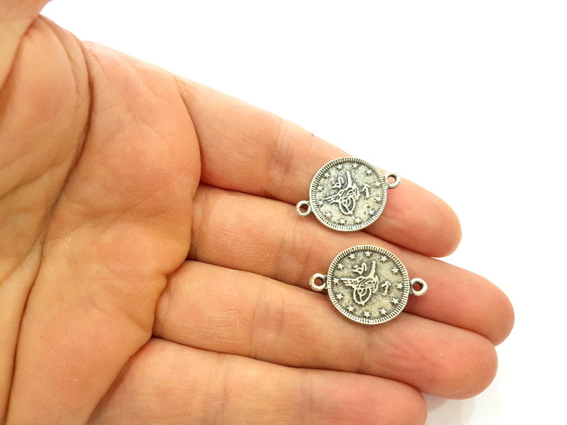 6 Silver Charms Connector Antique Silver Plated Ottoman Signature Charms 6 Pcs (18mm)   G16744