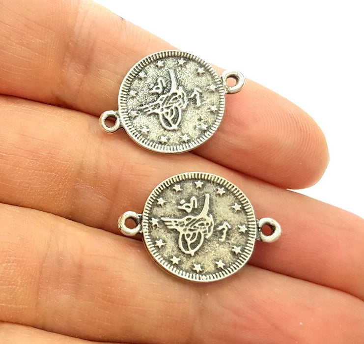 6 Silver Charms Connector Antique Silver Plated Ottoman Signature Charms 6 Pcs (18mm)   G16744