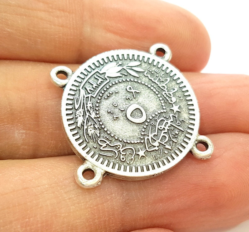 2 Silver Pendant Connector Antique Silver Plated Ottoman Signature Pendant (24mm)  G6953