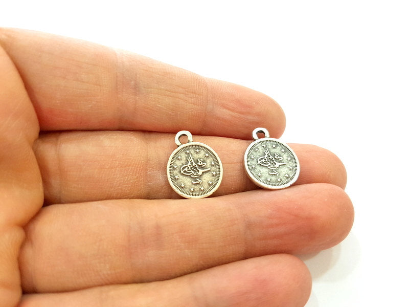 10 Silver Charms Connector Antique Silver Plated Ottoman Signature Charms 10 Pcs (14mm) G6949