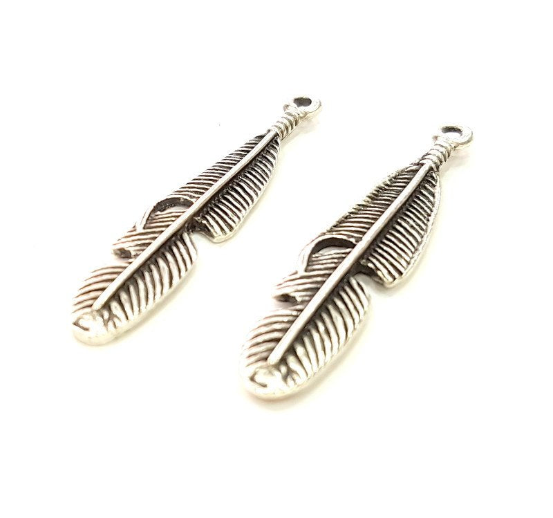 6 Silver Pendant Antique Silver Plated Feather Pendants (42x9mm)  G17124