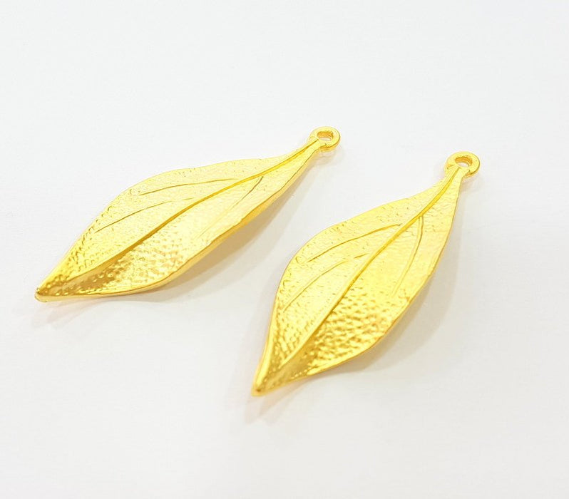 2 Gold Pendant Gold Plated Leaf Pendant (46x15mm)  G7021