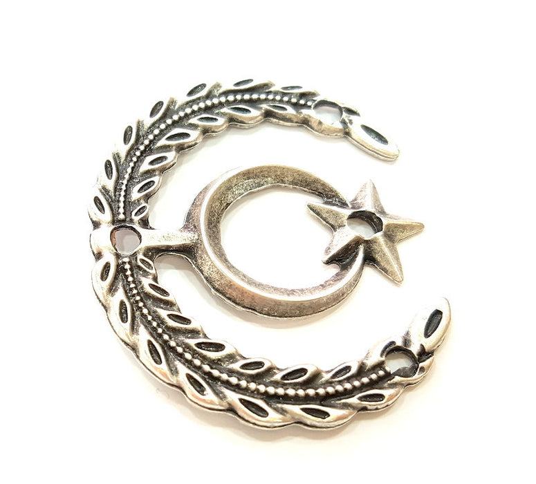 Silver Pendant Antique Silver Moon and Star Pendants Antique Silver Plated Pendants (58x50mm)  G7054