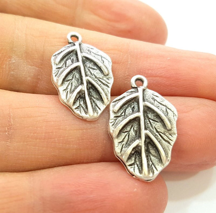 6 Silver Charms Antique Silver Plated Leaf Charms 6 Pcs  (23x13mm) G7055