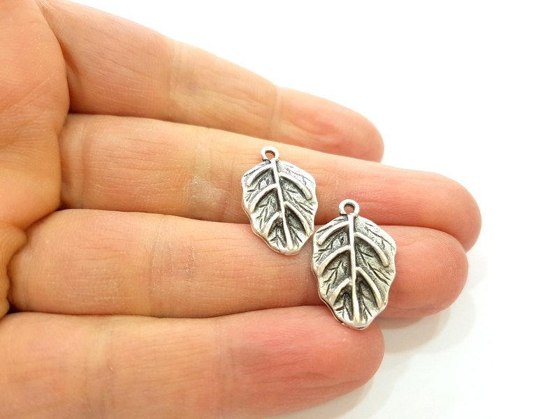 6 Silver Charms Antique Silver Plated Leaf Charms 6 Pcs  (23x13mm) G7055