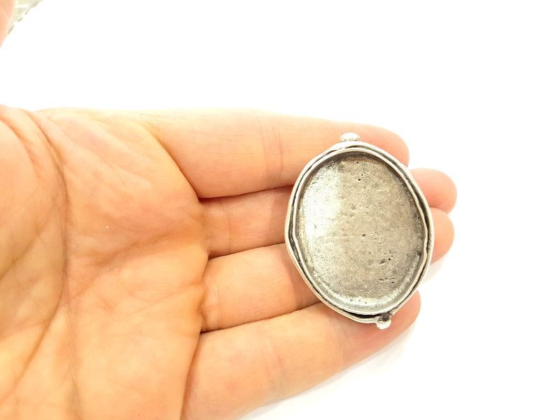 Silver Ring Blank Base Bezel Settings Cabochon Base Mountings Adjustable (40x30mm Blank) , Antique Silver Plated Brass G7083